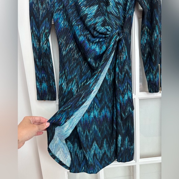 Vintage Cache Teal Gold Blue Knit Faux Wrap Midi Dress Women’s Size Medium M Med - Picture 5 of 13